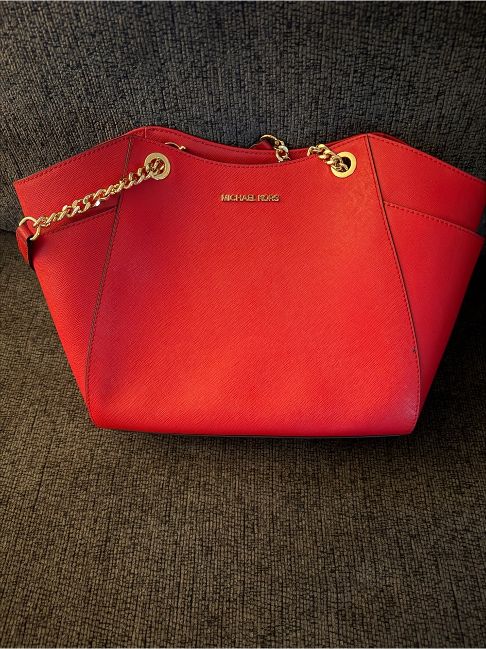 Michael Kors Red Saffiano Leather Tote with Gold Chain Straps